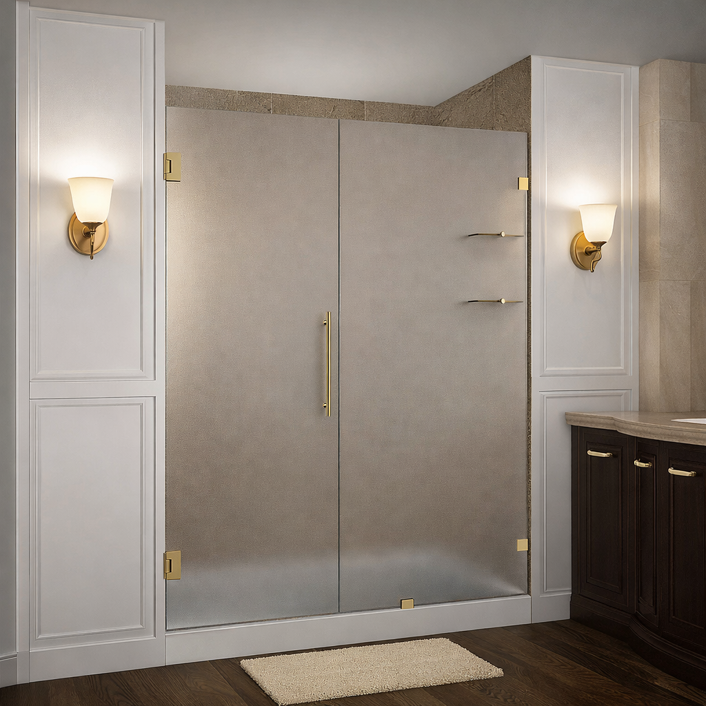 Custom frameless frosted glass shower enclosure with hinged double doors and gold hardware in a classic bathroom design.